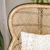 wooden chair with white pillows and plants in the back in front of a white wall.